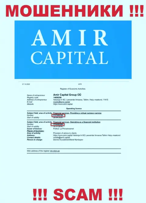 Амир Капитал размещают на сайте лицензионный документ, невзирая на это успешно обворовывают доверчивых людей