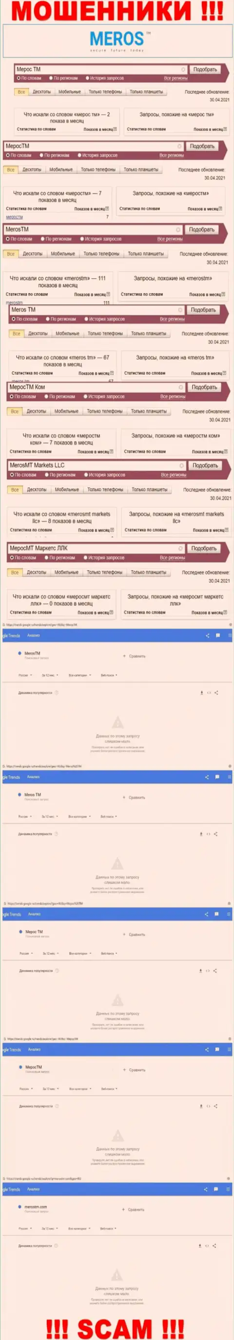 Подробная инфа по числу онлайн-запросов по мошенникам MerosTM в сети internet