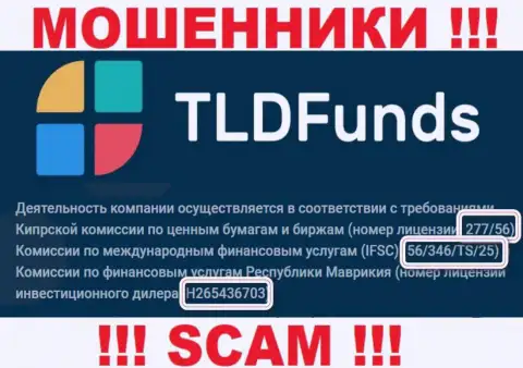 ТЛДФондс Ком представили на сайте лицензию, но ее наличие мошеннической их сущности не изменит